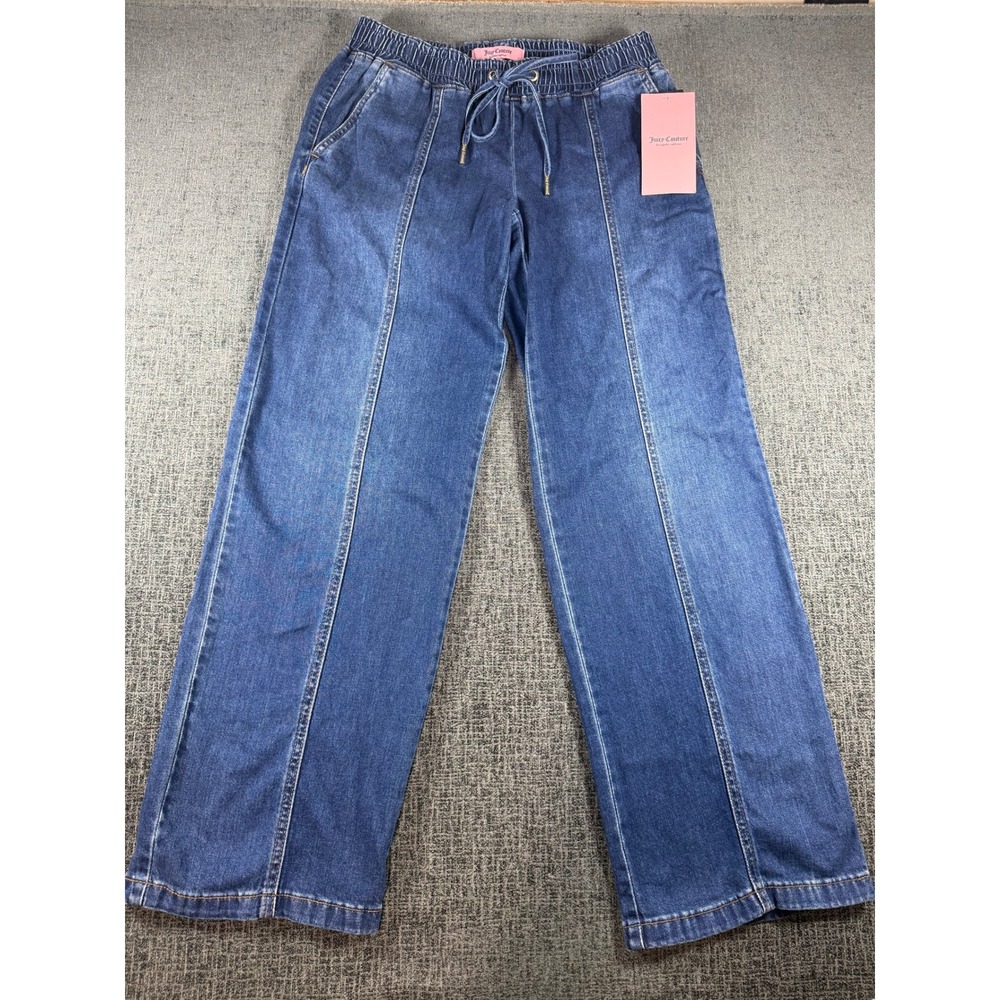 Juicy Couture Wide Leg Denim Pants Blue Rhinestone Logo Drawstring Small NWT